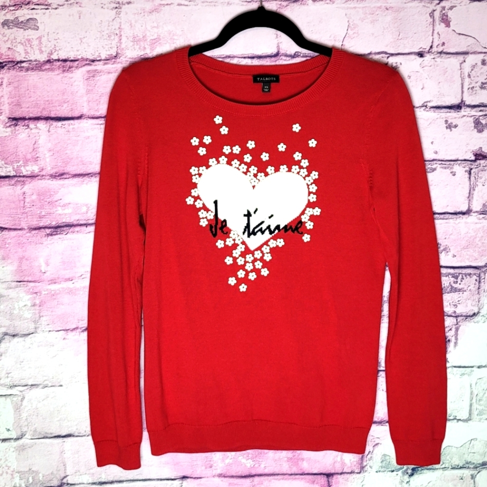 TALBOTS VALENTINE'S DAY RED JE' TAIME HEART 3D FLOWER BEAD ACCENTS SWEATER XS